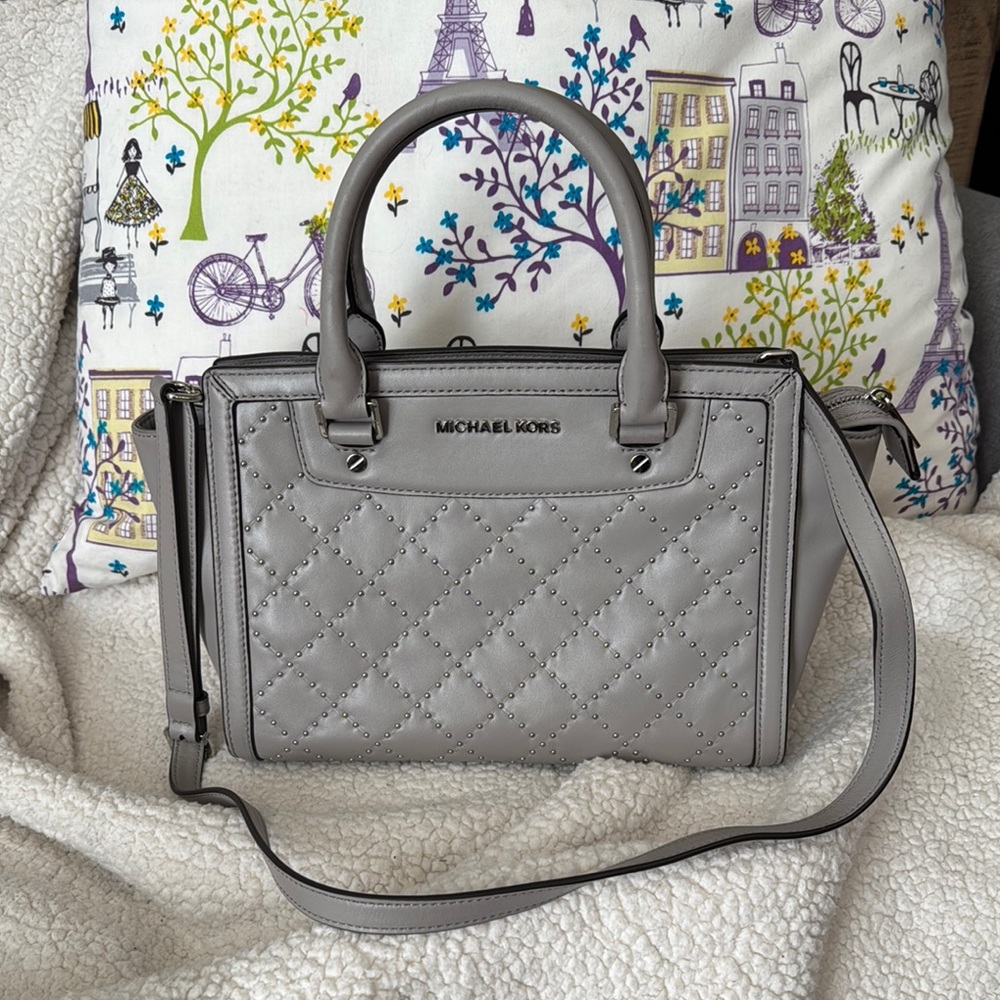 Michael Kors Gray Quilted Satchel with Metallic Accents